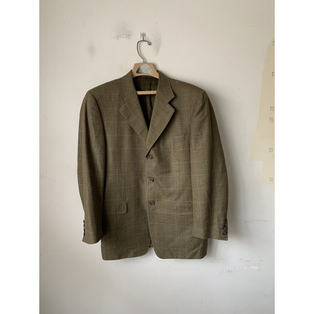 Canali Mens Blazer 50 Plaid Windowpane Linen Wool Cashmere Silk Sport Coat Green